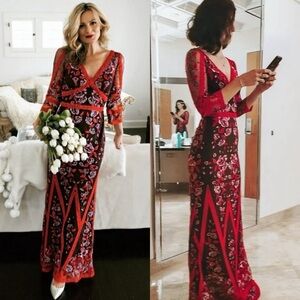 MARCHESA NOTTE Floral Guipure Lace Maxi Dress Gown Wine Sz 2